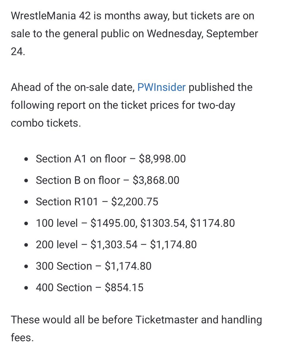 No way in hell! These prices are insanely ridiculous! My dream of ever attending <a href="/WrestleMania/">WWE WrestleMania</a> may have just went up in smoke! Thanks a lot, <a href="/WWE/">WWE</a> and <a href="/TKOGrp/">TKO</a> for continuing to price gouge the shit out of us! #WWE #WrestleMania #TKO