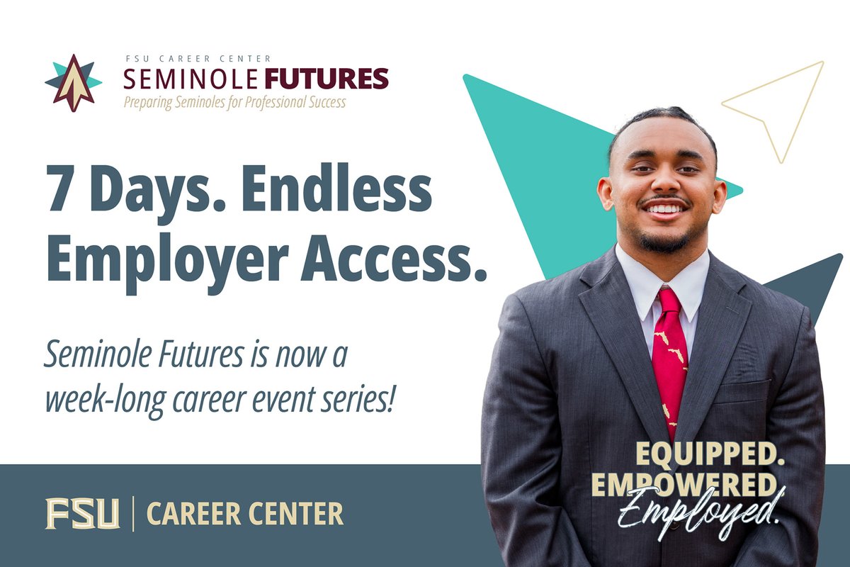 FloridaState's tweet image. Florida State University students, mark your calendars for the Seminole Futures Recruitment Series from Sept. 24 to Oct. 2! 📅 

Led by the @FSUCareerCenter within @FSUDSA, Seminole Futures has evolved into a dynamic weeklong series offering guided career exploration and…