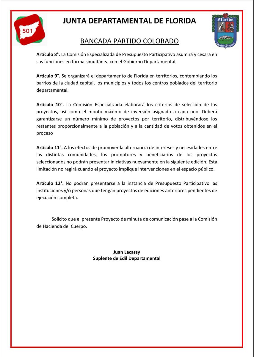 📌 📃 El edil <a href="/JLacassy/">Juan Lacassy</a> de la <a href="/Lista501Florida/">Lista 501- Florida</a> presentó un proyecto para retomar el Presupuesto Participativo en Florida.
Según expresa se trata de una herramienta con buenos resultados en obras comunitarias y participación ciudadana durante la gestión de <a href="/GiachettoJuanF/">Juan F. Giachetto</a>.