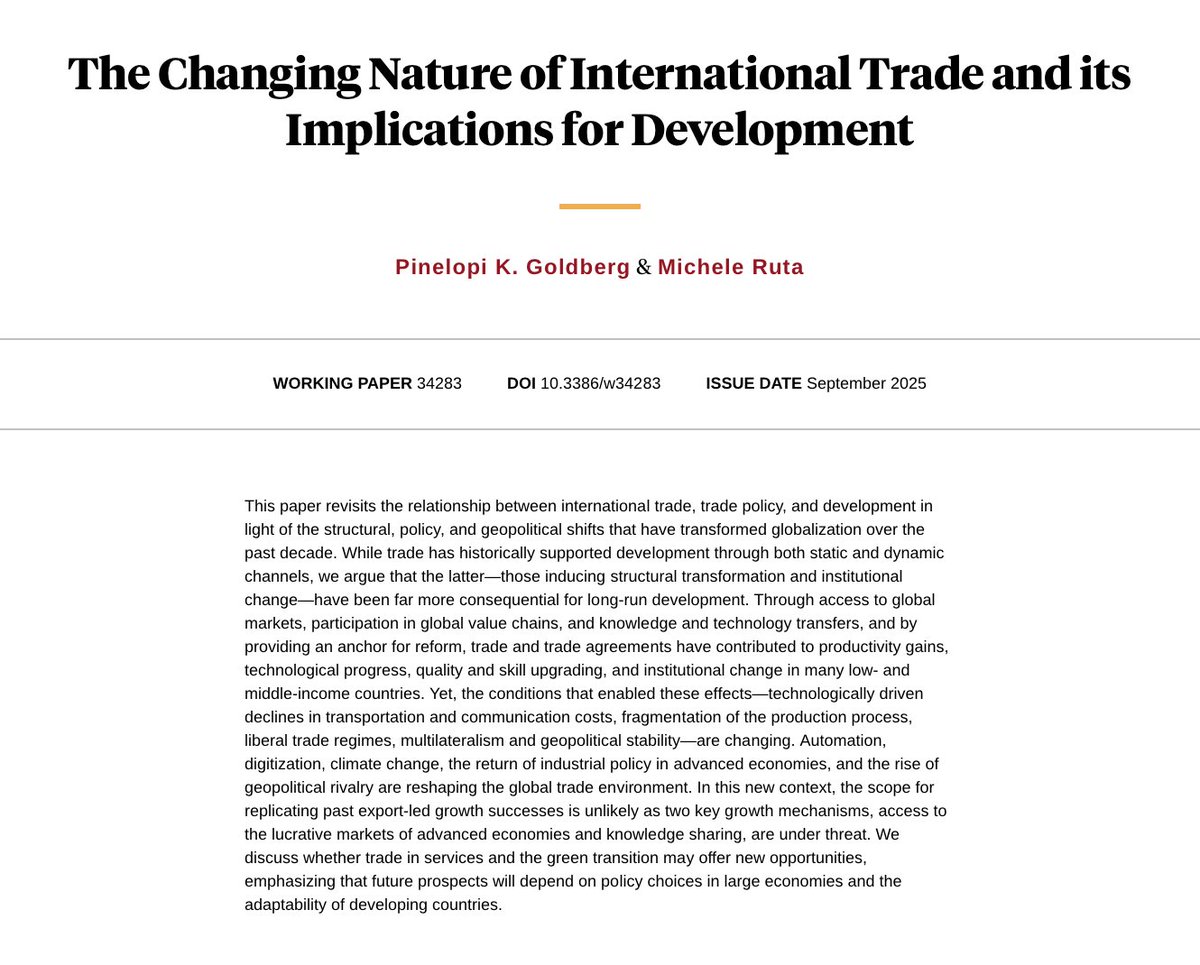 "This paper revisits the relationship between international trade, trade policy, and development in light of the structural, policy, and geopolitical shifts that have transformed globalization over the past decade."

NEW in <a href="/nberpubs/">NBER</a> by Goldberg &amp; Ruta: nber.org/papers/w34283