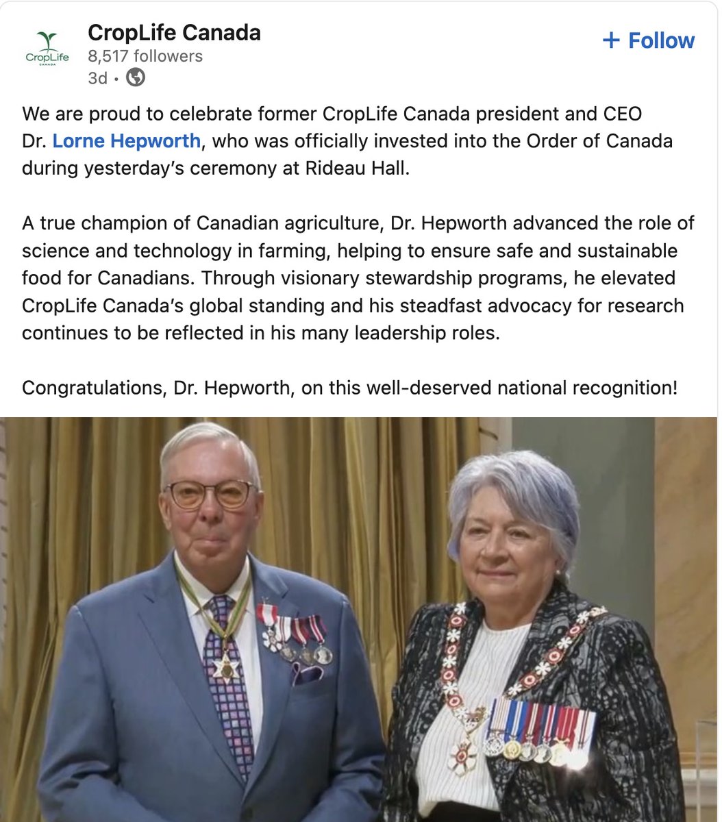 Hearty congrats to Dr. Lorne Hepworth, past president and CEO CropLife Canada, invested into Order of Canada Sept 18. Anecdote: rode in a taxi with him once where he adeptly interviewed the taxi driver: "How's business? What's making news here?" <a href="/growernews/">The Grower</a> <a href="/CropLifeCanada/">CropLife Canada</a>