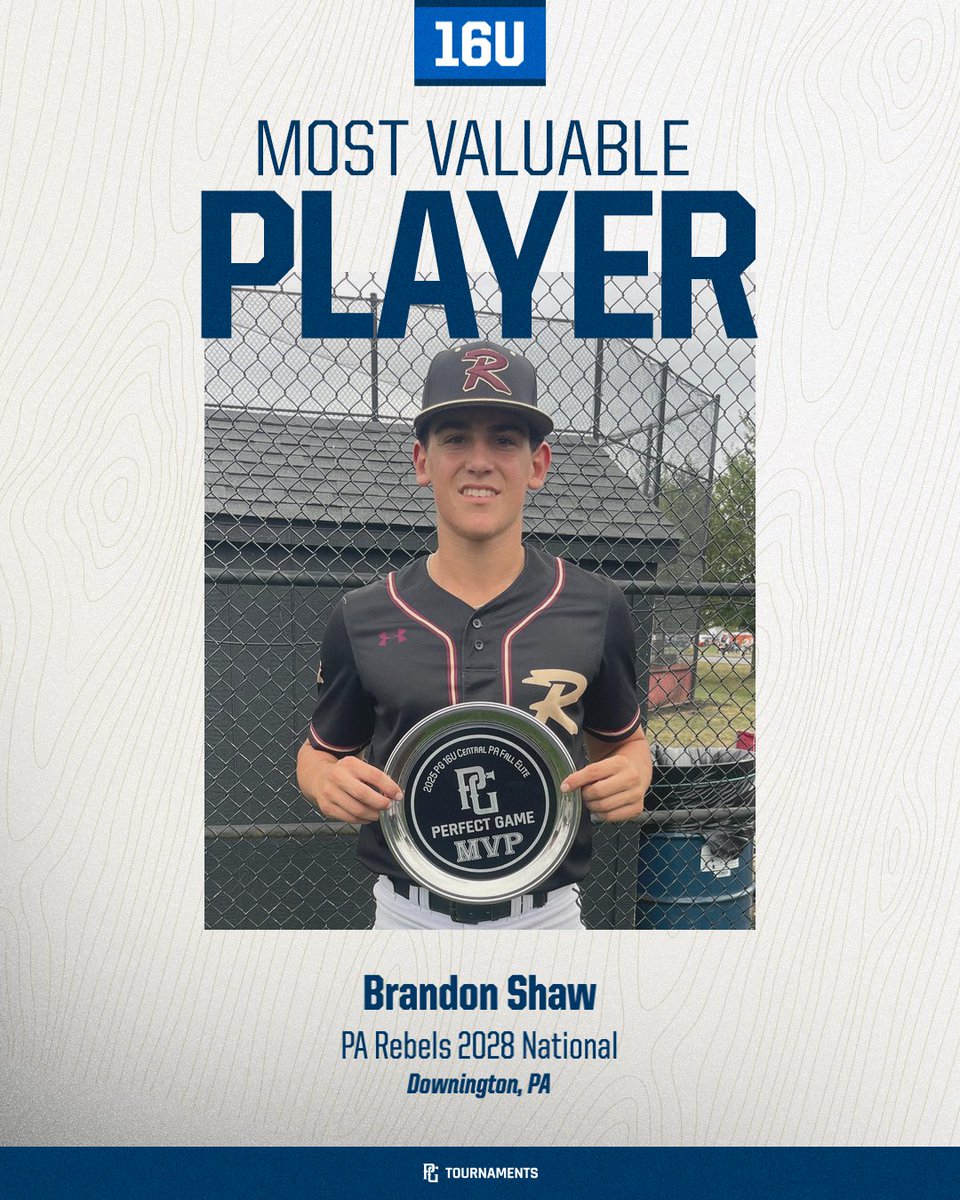 PGMidAtlantic's tweet photo. 2025 16U PG Central Pennsylvania Fall Elite Championship🏆
🥇 Champion: PA Rebels 2028 National
🥈 Finalist: Yard Wolfpack 2028 
🏅 MVP: Brandon Shaw 
🏅 MVPitcher: Gabe Gianni

👇 Top Performers in comments! https://t.co/bS0m0Hcmp9