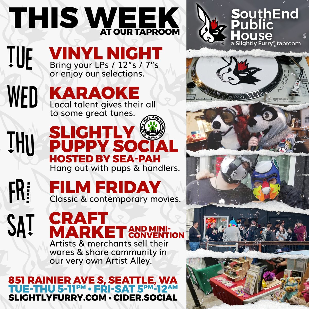 slightlyfurry's tweet photo. AUTUMN IS HERE!! 🍁🍂 Let's get to it!
We'll be revealing the lineup for this month's Craft Market all this week! Stay tuned!
#SlightlyFurry #SouthEndPublicHouse #thisweek #dailyevent #vinylnight #karaoke @SEAPAH #filmnight #craftmarket #artmarket #Seattle https://t.co/I0ulcepZZ0