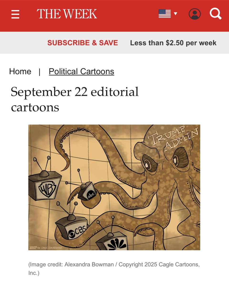 scripta_bene's tweet photo. I’m thrilled to share that my latest cartoon for Cagle Cartoons has been featured by @TheWeek.

See it here: https://t.co/BJE7jlMjjC

#politicalcartoons #politicalart #satire #jimmykimmel #abc #fcc https://t.co/Yd38NhXPHP