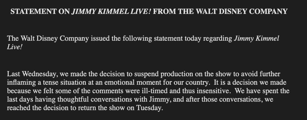 Disney says it is bringing back the Jimmy Kimmel show on Tuesday