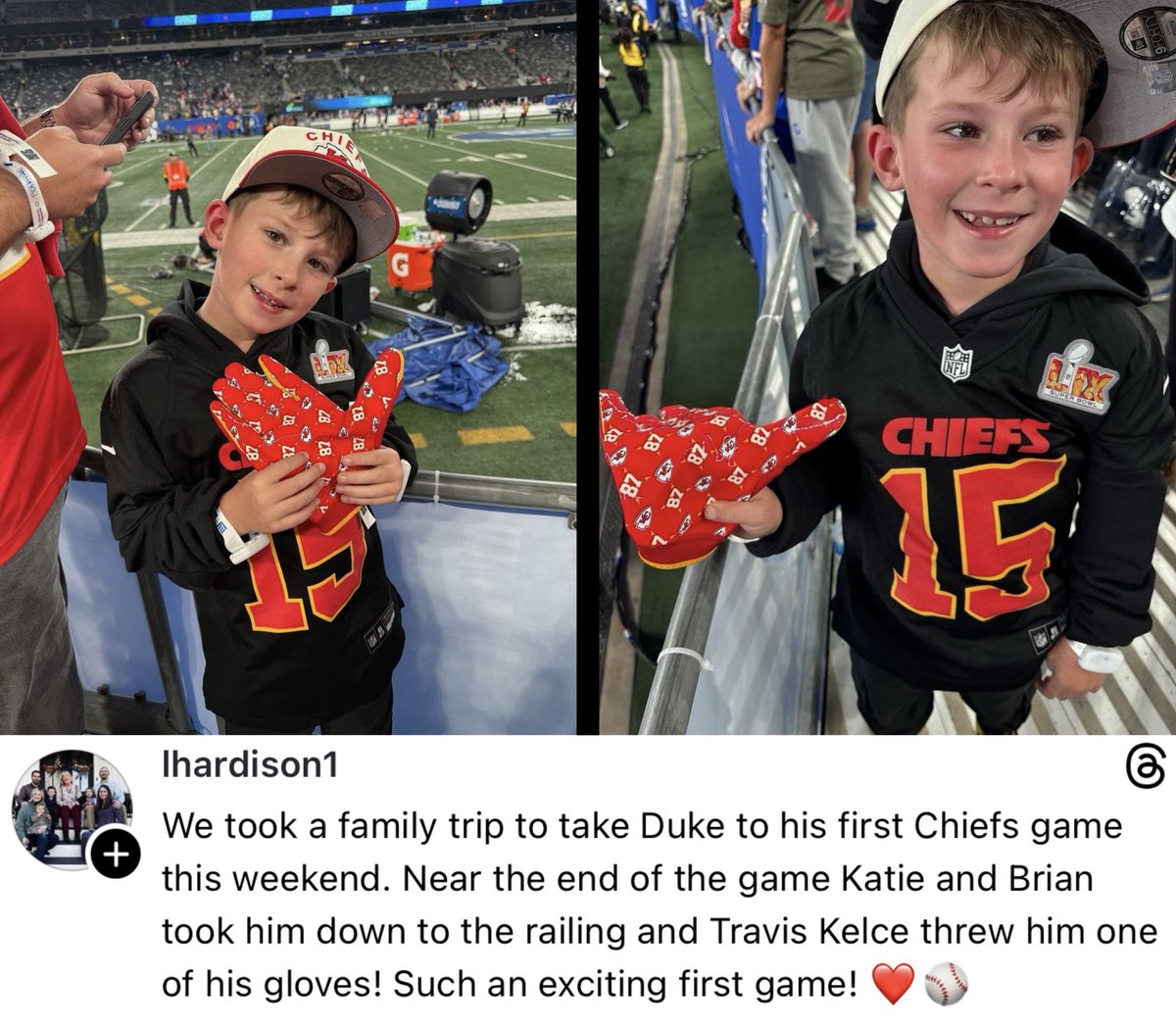 Farzin Vousoughian on X: "Travis Kelce put big smile on this fan's face  when he gave him his glove after the Chiefs beat the Giants 🙌 📸:  @lhardison1 on Threads https://t.co/Z4nNZpTQGB" /