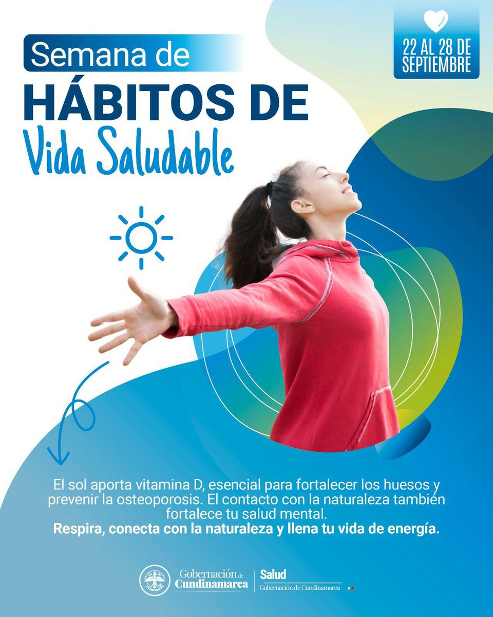 SecSaludCundi's tweet image. #HábitosDeVidaSaludable

El sol fortalece tu cuerpo y tu mente. 🌞
Desde la @SecSaludCundi te invitamos a conectar con la naturaleza y a recargarte de energía. 💙 

#VitaminaD
