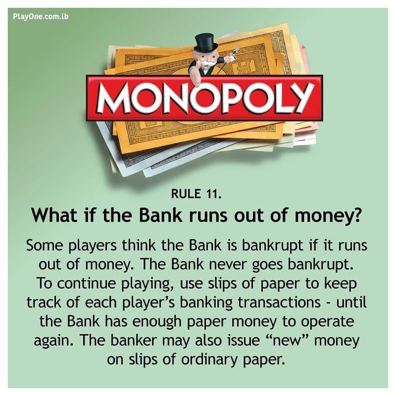 Still don’t get how the Fiat Standard works? Read Rule 11 of Monopoly: That’s not a game rule, that’s reality. Now go study #Bitcoin before you end up holding the fiat bag.