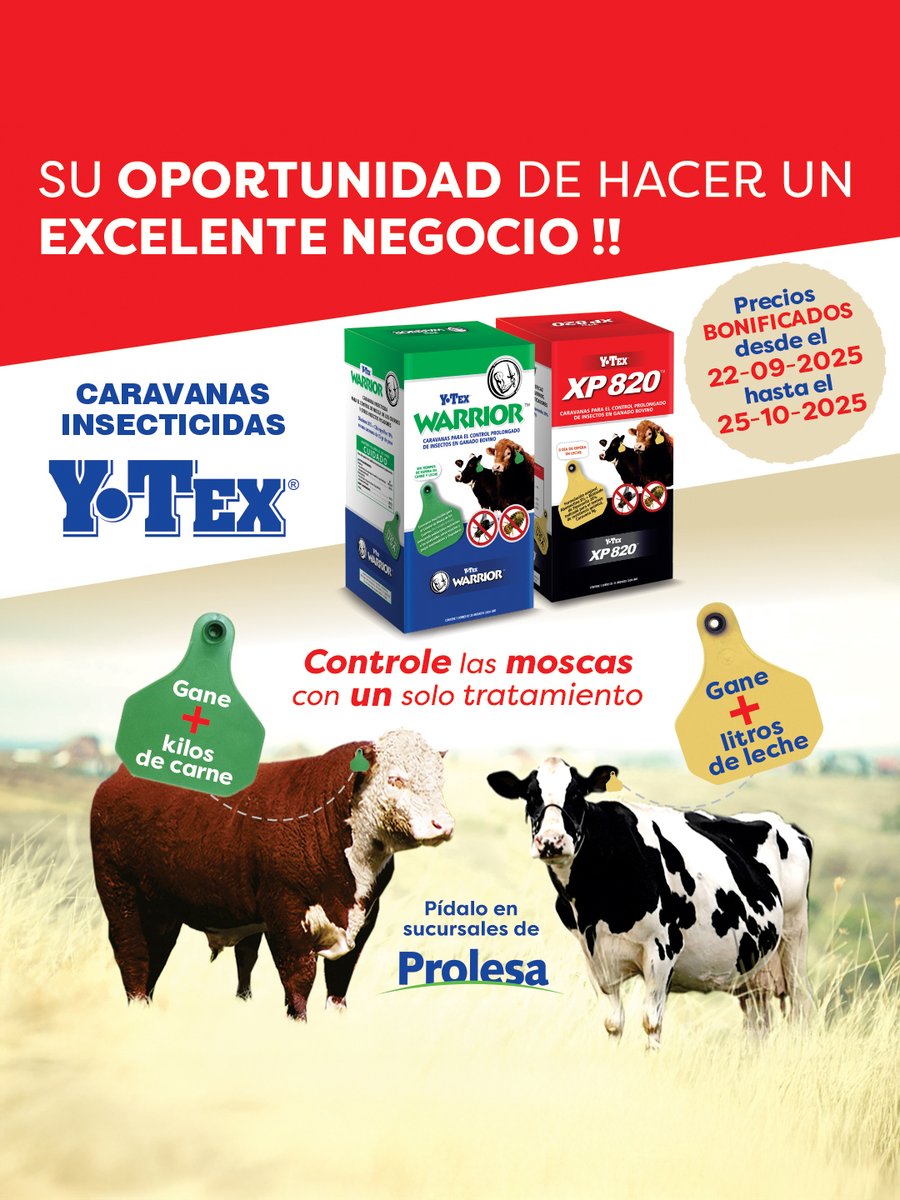 📢 Se encuentra disponible la promo de caravanas insecticidas Y-Tex.
Hasta el 25 de octubre 2025 acceda a precios especiales en caravanas insecticidas Warrior y XP-820.
Más info en prolesa.com.uy