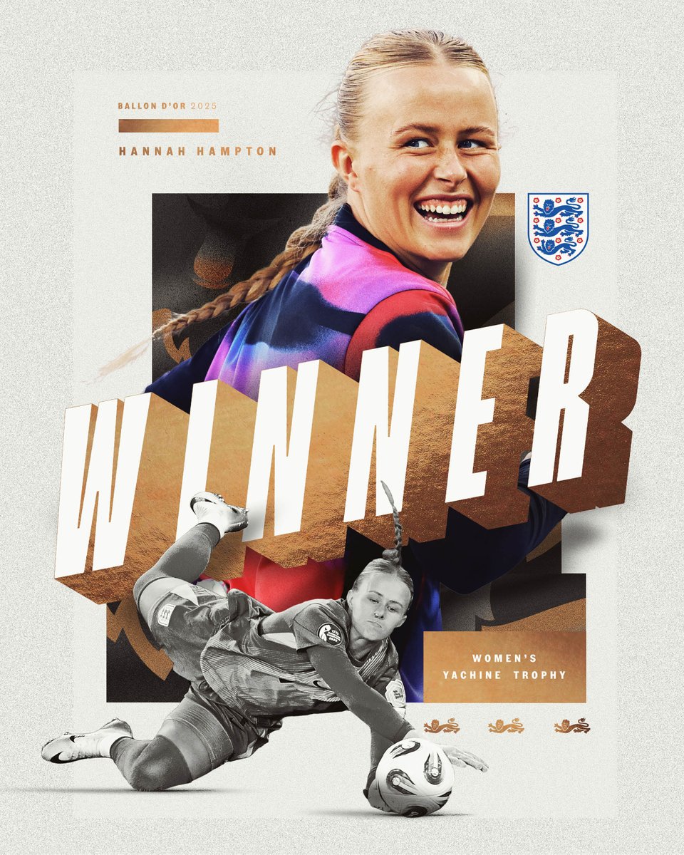 Lionesses's tweet image. Hannah Hampton: the world&apos;s best goalkeeper in 2025! 🏆

The #Lionesses goalkeeper wins the inaugural Women&apos;s Yachine Trophy at the 2025 #BallonDor