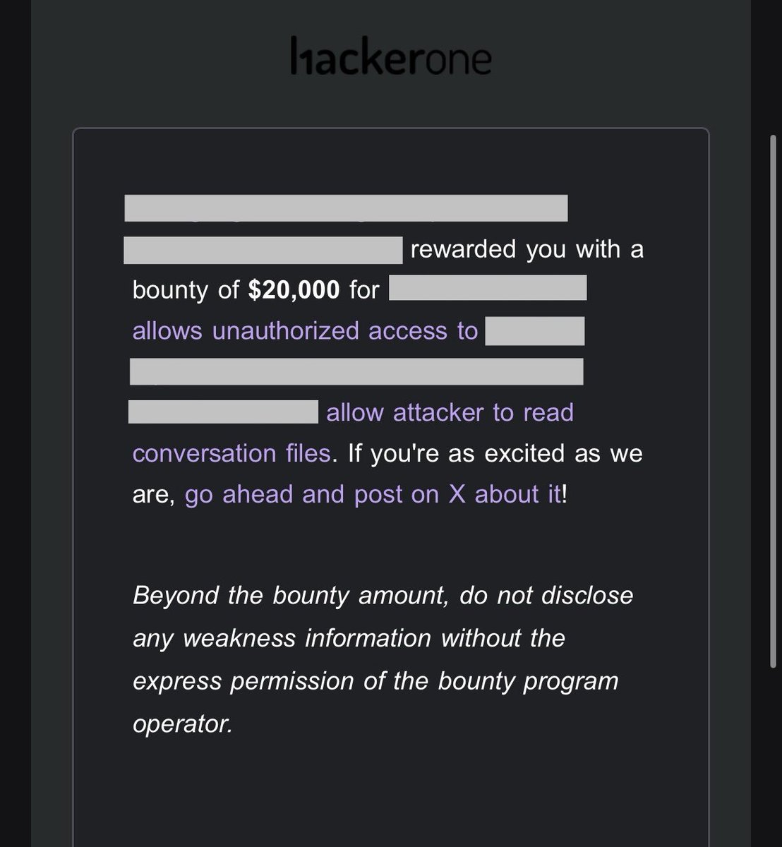 code_13x's tweet image. Yay, I was awarded a $20,000 bounty on @HackerOx01! for a critical bug exposing Secret private conversation files of all users.

Severity: Critical 

For more: tinyurl.com/jelison

#TogetherWeHitHarder #hackerone #bugbounty #bugbountytips #bugbountytip #infosec #Hacking