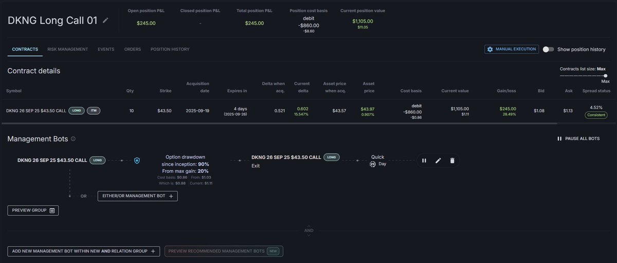 DoofenShmirtz51's tweet image. Taking a stab at $DKNG. All protected with @optionsrobot5 in case things get ugly 
#positionManagement
@ryanmastro5