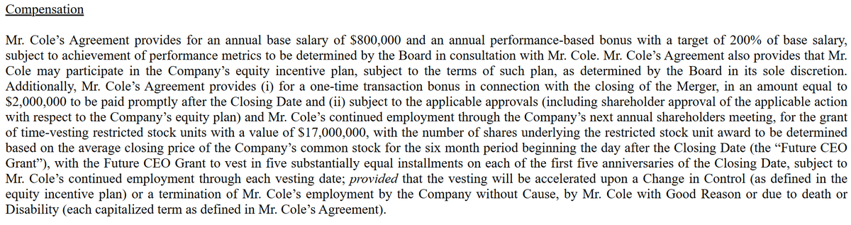 Pledditor's tweet photo. $ASST misaligned incentives:

The CEO @ColeMacro will be compensated with $17m worth of $ASST stock, but the number of shares is based on whatever the price is 6 months from now. Since it's denominated in USD, his incentive for the next 6 months is to push the share price as low as possible so he gets comped with as many shares as possible

He also got compensated $2m immediately after merger as a sign on bonus