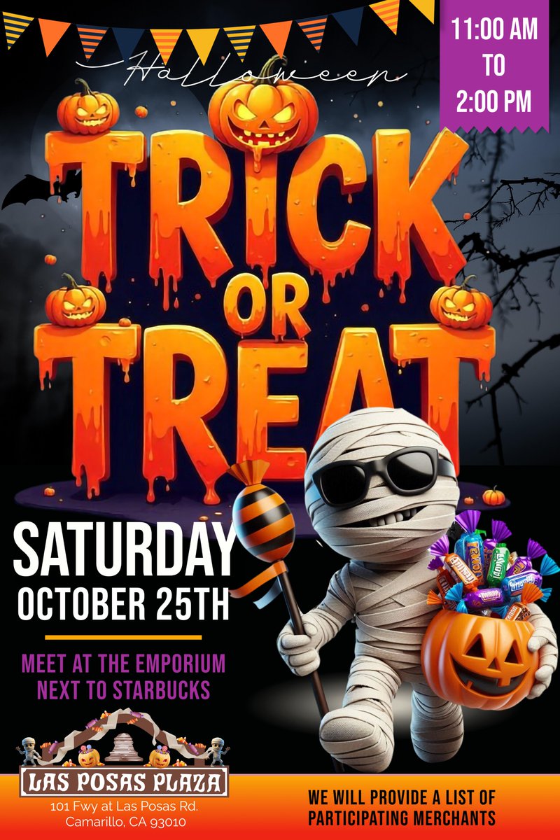 PosasLas's tweet image. Join Us for Our Annual Trick or Treat Event!
It's that exciting time of year once more! Come and celebrate with us at the Annual Trick or Treat Event at Las Posas Plaza.
Visit the Emporium next to Starbucks to pick up a list of participating merchants.