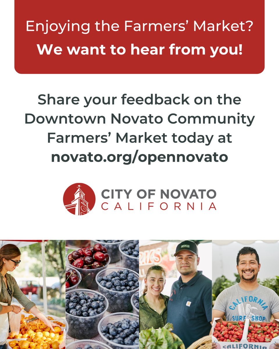 As we work to improve the market experience for everyone, we are conducting a survey to gather valuable feedback and insights from Farmers’ Market attendees. Please share your thoughts by taking our short survey at novato.org/opennovato by 11:59pm on October 26, 2025.🗨️👥⁠