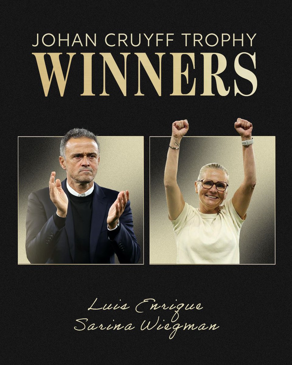 JohanCruyff's tweet image. Congratulations to Sarina Wiegman and Luis Enrique, Johan Cruyff Trophy Coaches of the Year. 👏 

#CruyffLegacy