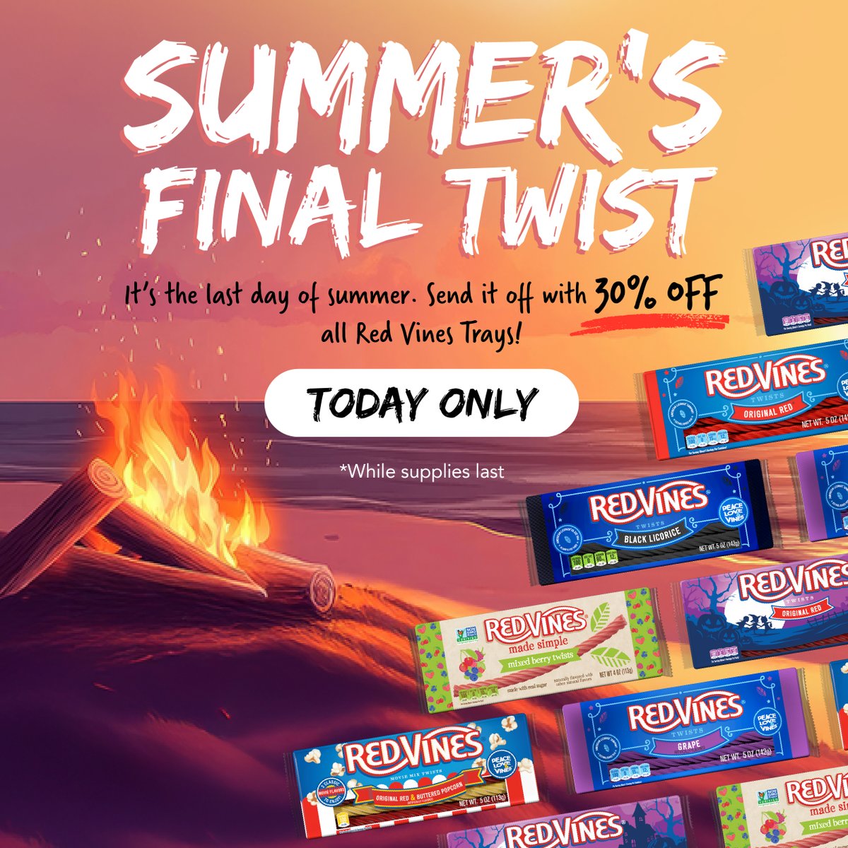 It's the last day of summer, and we're sending it off with a sweet splash! ☀️ Today only, get 30% off our entire collection of licorice during our Summer's Final Twist Flash Sale.

Shop Now! bit.ly/47CqMbb

#RedVines #PeaceLoveAndVines #Last