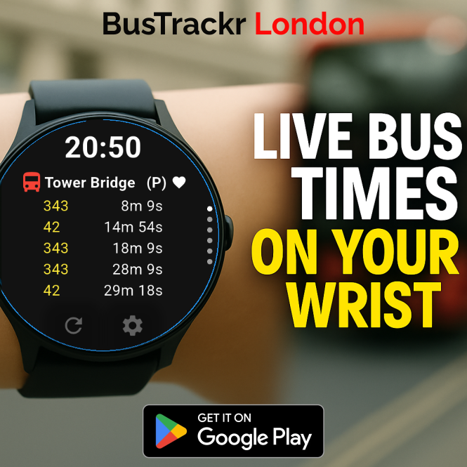 Tired of broken bus stop displays, or constantly checking your phone for bus timings?

BusTrackr London is live on the Play Store - check live bus times for favourite/nearby stops right on your wrist!

play.google.com/store/apps/det…

DM or reply for a free promo code!

#london #bus #tfl