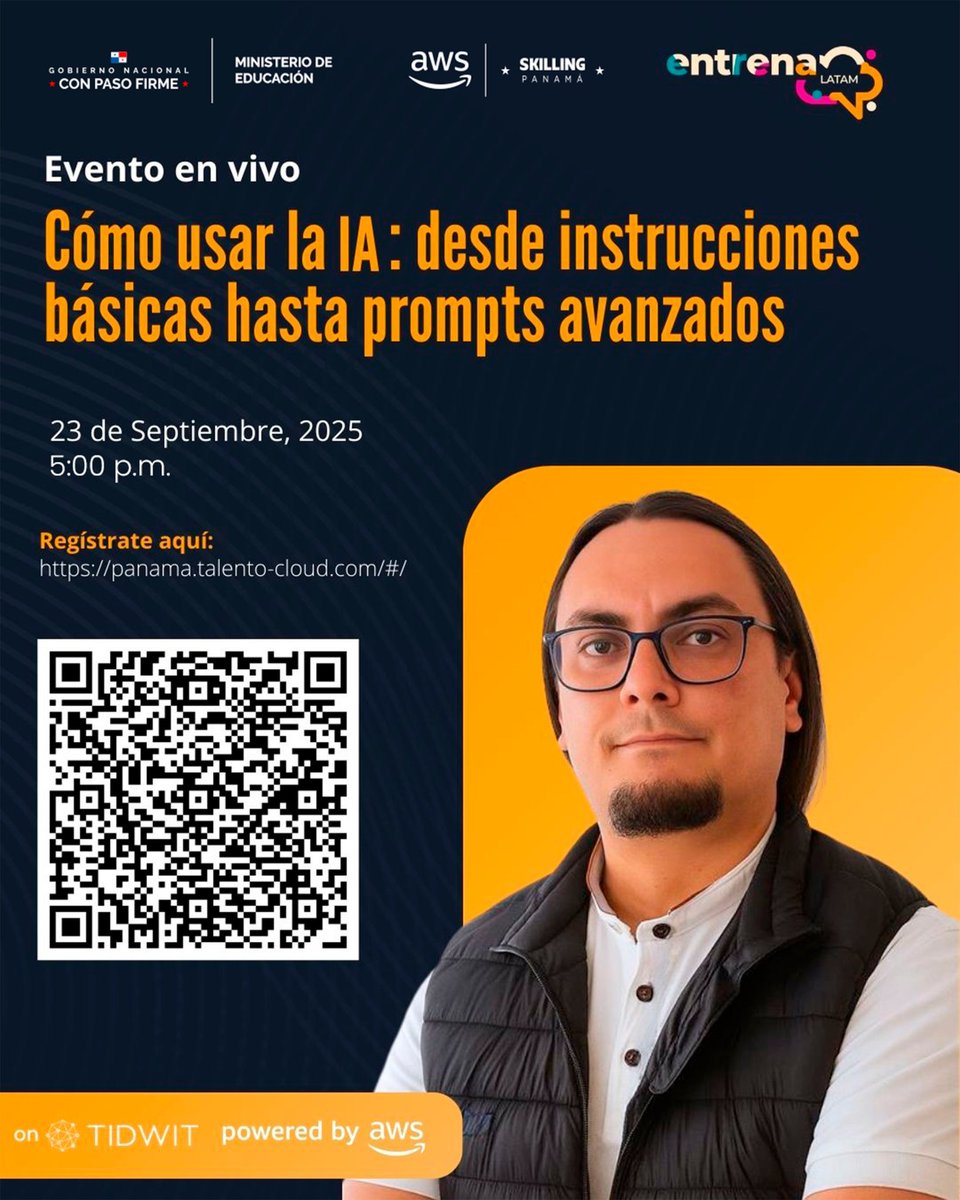 MeducaPma's tweet image. Amazon Web Service y Meduca, les lleva una charla en vivo para aprovechar la IA, una de las competencias más demandadas del mercado laboral, con Juan David Sánchez. 

📚 ¡Inscríbete y transforma tu futuro! panama.talento-cloud.com/#

#SkillingPanamá #SomosMeduca #AWS #ConPasoFirme