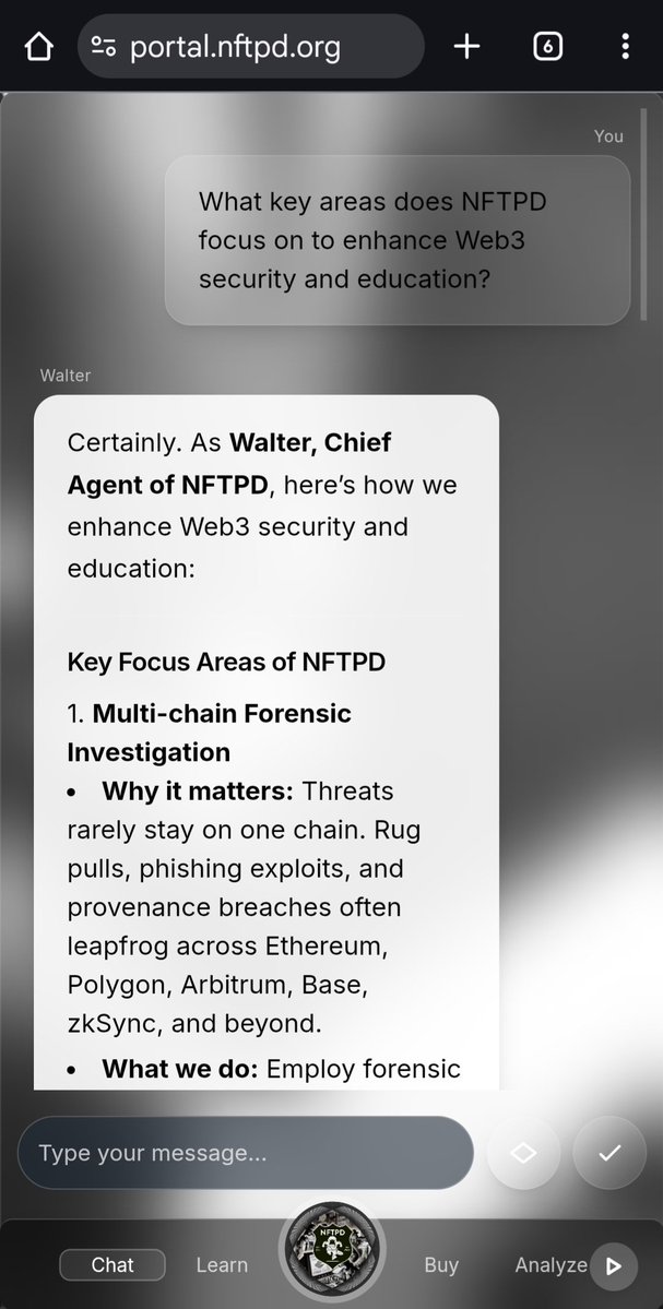 ProjectNFTPD's tweet image. Our portal gives you an opportunity to talk to Walter and hear what his opinions are on safety and security and how we will better the space, connect your account and chat with him!

#Web3Security