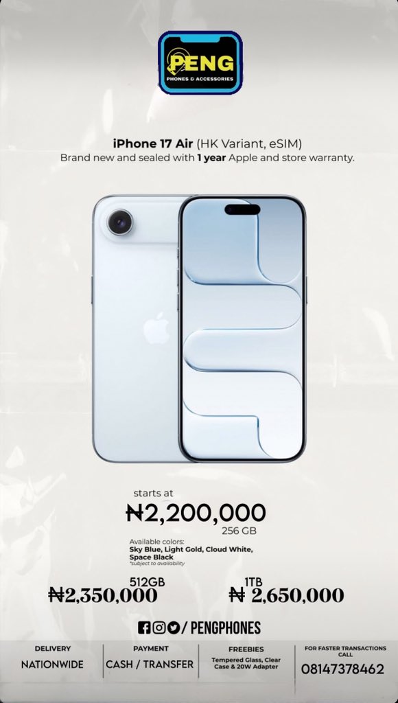 PengPhones's tweet photo. 🚨 iPhone 17 & 17 Air Now Available 🚨
Brand New | Sealed | Warranty Included ✅
Choose your color. Choose your storage. We deliver nationwide with freebies on every order 💯
📍 PENGPHONES
📞 08147378462
#iPhone17 #PENGPHONES #Apple https://t.co/TiHrAtqblZ