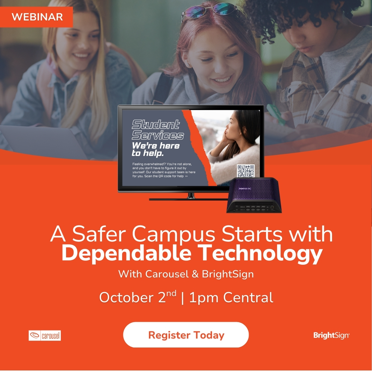 We are 10 days out from our webinar! See how Carousel and BrightSign team up to deliver quick, clear campus-wide communication with dependable signage.

Register &amp; save your spot here: hubs.ly/Q03KqJ250

#Carousel #BrightSignLLC #EDU #EdTech #ProAV #CampusSafety