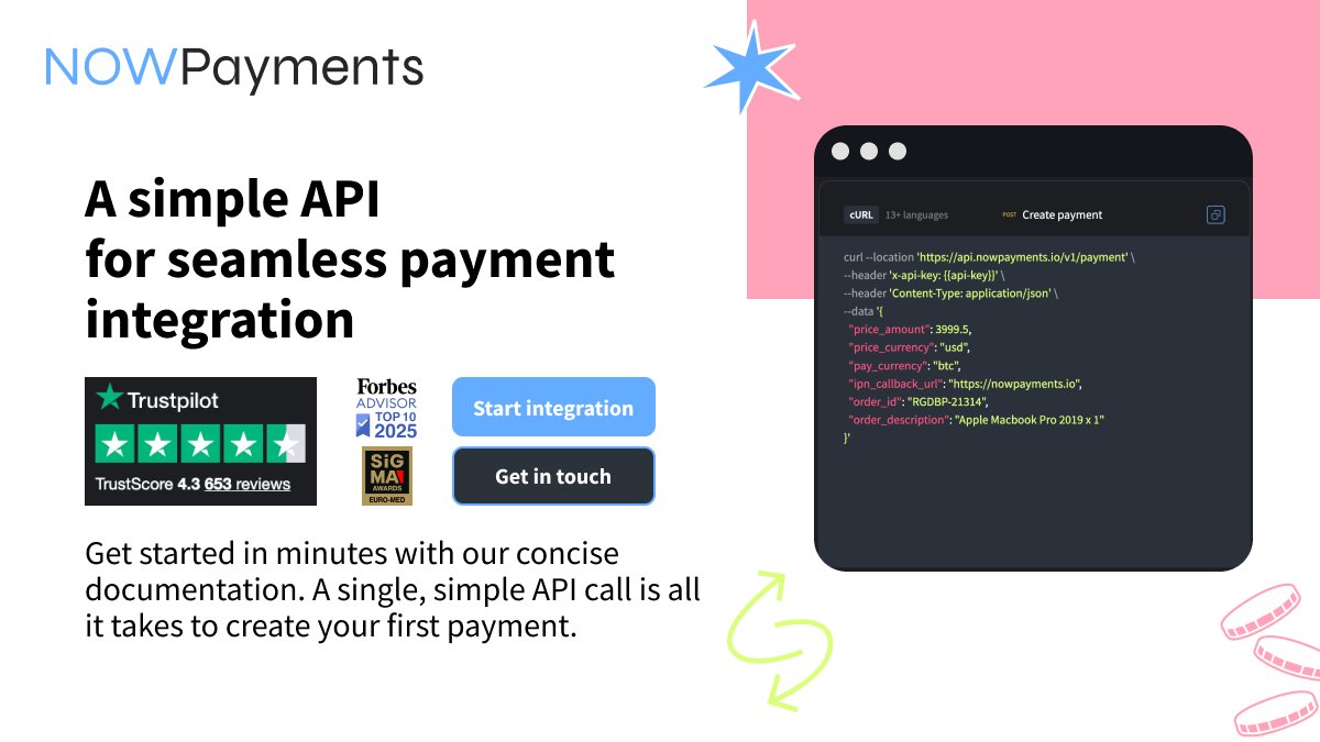 NOWPayments_io's tweet image. Looking to accept crypto in your store? 🧩
Integrate #NOWPayments' API in minutes:
🔧 Smooth setup
💱 Supporting 300+ crypto
📤 Instant payment notifications
Start accepting crypto the smart way 👉 nowpayments.io/?utm_source=tw…
#CryptoAPI #DevTools #CryptoPayments