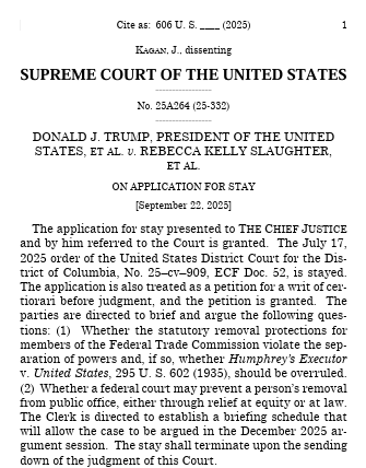 EWess92's tweet photo. HUGE win for President Trump to run the executive branch. As a bonus it now looks like the long-standing case that restricts the authority of the President to fire members of multi-member agencies is on the way out. I look forward to seeing Humphrey's Executor "Slaughter-ed".