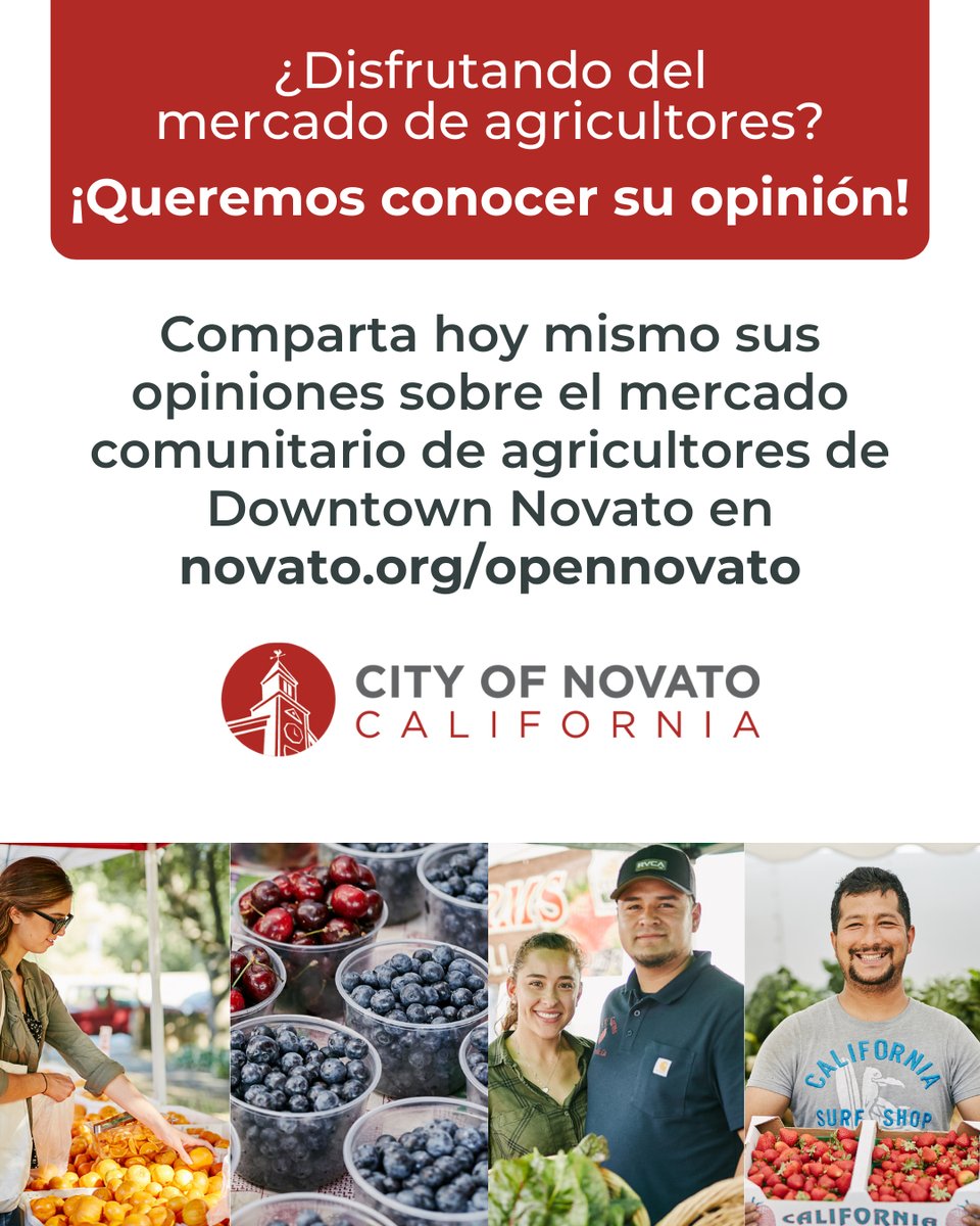 A medida que trabajamos para mejorar la experiencia de mercado para todos, estamos realizando una encuesta para recopilar valiosos comentarios e ideas de los asistentes al mercado de agricultores. Comparta sus opiniones realizando nuestra breve encuesta en novato.org/opennovato