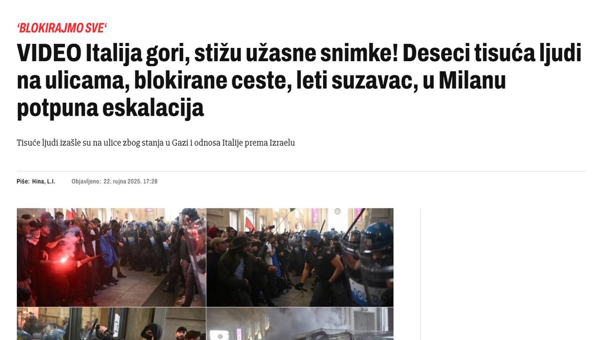 Protesti v #Italia: <a href="/Delo/">Delo</a> vs. <a href="/Jutarnji/">Jutarnji.hr</a>. Prvi s tremi "mirovniškimi" slikami o mirnih #protest-ih z manjšim incidentom v #Milano, drugi s številnimi slikami in posnetki nasilja propalestinskih protestnikov, ki so  načrtno napadali policiste in jih 60 ranili. Komu verjeti?