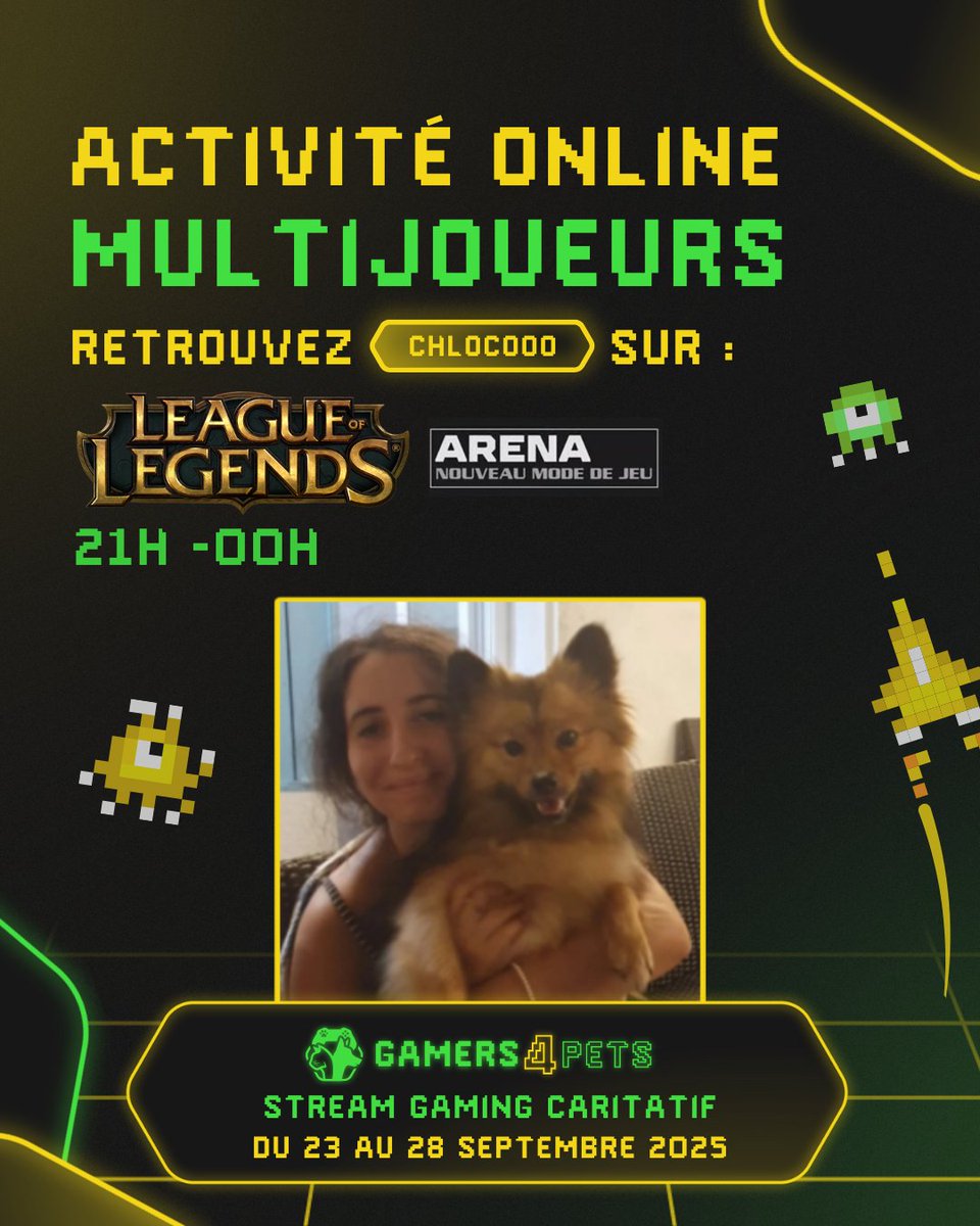 gamers4pets's tweet photo. Des fans de League Of Legends ici ? ⚔️👀
La streameuse @chlocooo organise une Arena avec 10 autres streamers Gamers4Pets.
▶️https://t.co/xdbXnV1LOU ◀️ https://t.co/7kRwVFK9VI