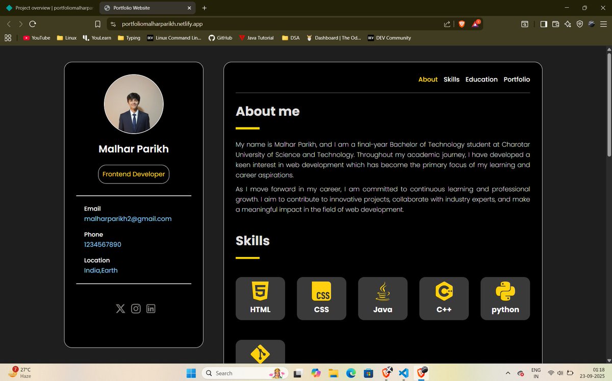 codewithmalhar's tweet image. Day 15 completed of Web Development Journey.
Today I created a portfolio website in HTML and CSS.
Got to learn so much.
Check out:
portfoliomalharparikh.netlify.app
Thank you @rohit_negi9 and @adityatandon02 for providing this course.
#LearnInPublic #Consistency #WebDevelopment