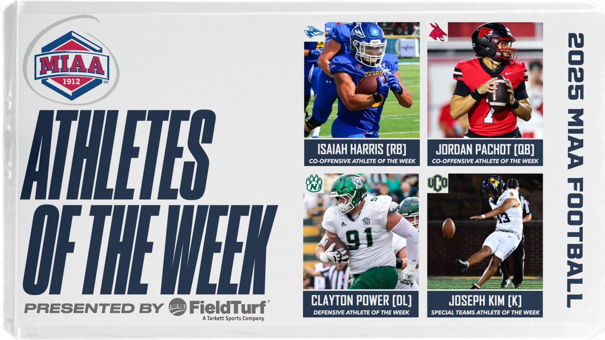 🆕 MIAA Football 𝘼𝙏𝙃𝙇𝙀𝙏𝙀𝙎 𝙊𝙁 𝙏𝙃𝙀 𝙒𝙀𝙀𝙆, presented by <a href="/FieldTurf/">FieldTurf</a> 🏅⤵️

Co-Offensive: Isaiah Harris, UNK
Co-Offensive: Jordan Pachot, UCM
Defensive: Clayton Power, NW
Special Teams: Joseph Kim, UCO

📰 themiaa.com/news/2025/9/22…
#BringYourAGame
