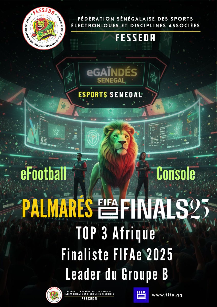 🇸🇳 Félicitations aux #eLions <a href="/HadyJuve/">Momojuve</a> <a href="/mmd9th/">Mamadou Mansour DIOP</a> <a href="/Miad6385/">Miad7385</a> pour leur parcours historique lors de la FIFAe !

Atteindre la finale Africaine dès notre  première participation est un exploit remarquable confirmant la position de leader du Sénégal sur la scène eSport africaine.
