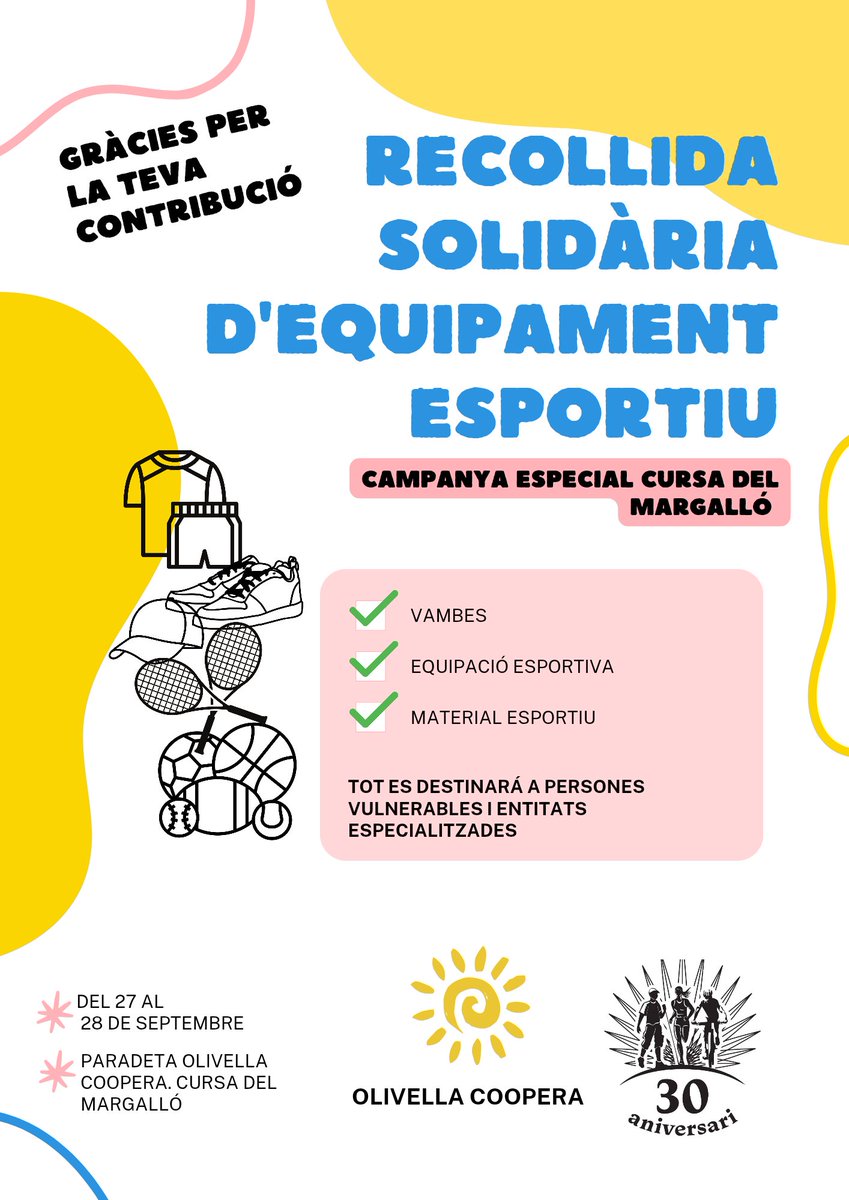OlivellaCoopera's tweet photo. ♻️ Aquest any, a la Cursa del Margalló, sumem sostenibilitat!
Els dies 27 i 28, podràs portar roba de segona mà i material esportiu que ja no facis servir a la carpa d’Olivella Coopera, ubicada al camp de futbol. 👟
💚 Participa  i ajuda a fer de la cursa un espai més solidari https://t.co/hTlrDBXJMI