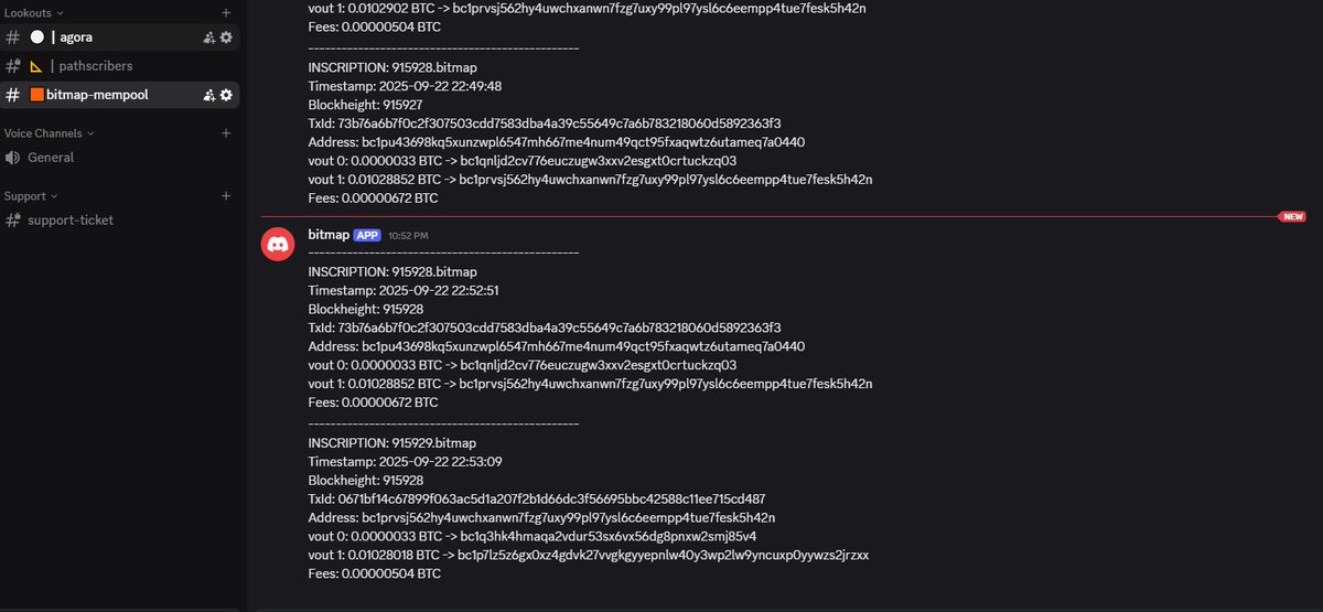 sixoBitmap's tweet image. Bitmap mempool Bot is live!
discord.gg/K65pQt7p
The bot transmit all the bitmap mints that are broadcasted on the mempool live.
--------------------------------------
If you want to try mint a bitmap:
1) inscribe as text the {block_height + 1}.bitmap
(If current block is…