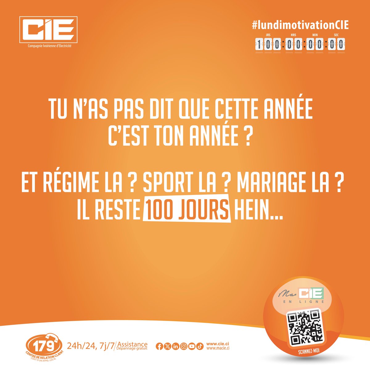 « Il te reste 100 jours pour illuminer ton année !
Projet en pause ? Objectif en retard ? Rêve mis de côté ?
C’est le moment de passer à l’action et finir l’année en beauté. 💡🔥

#lundiMotivationCIE #100JoursPourBriller #IllumineTonAnnée #CIE #EnergieResponsable