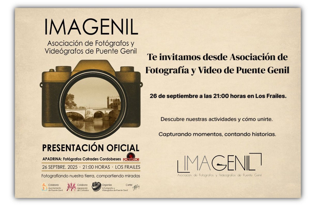 Este viernes por la noche, estaremos presentes en la presentación oficial de IMAGENIL. Una asociación que nace en la localidad cordobesa de Puente Genil, con la finalidad de unir a fotógrafos y videógrafos aficionados