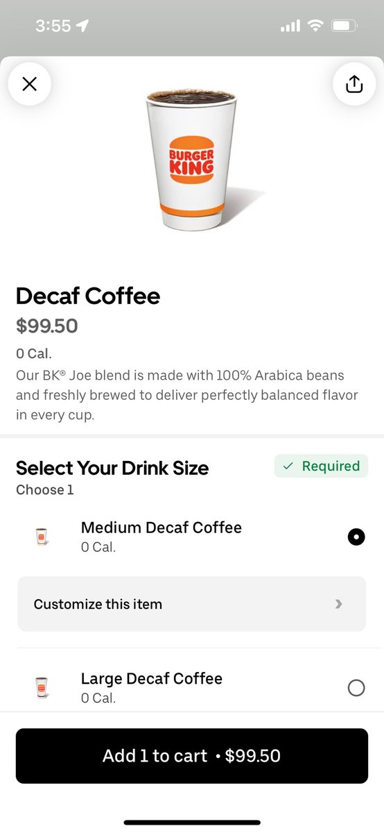 TeaBizzle's tweet photo. @BurgerKing why is your coffee $99.50 on Uber Eats? https://t.co/VJ59MohVQF
