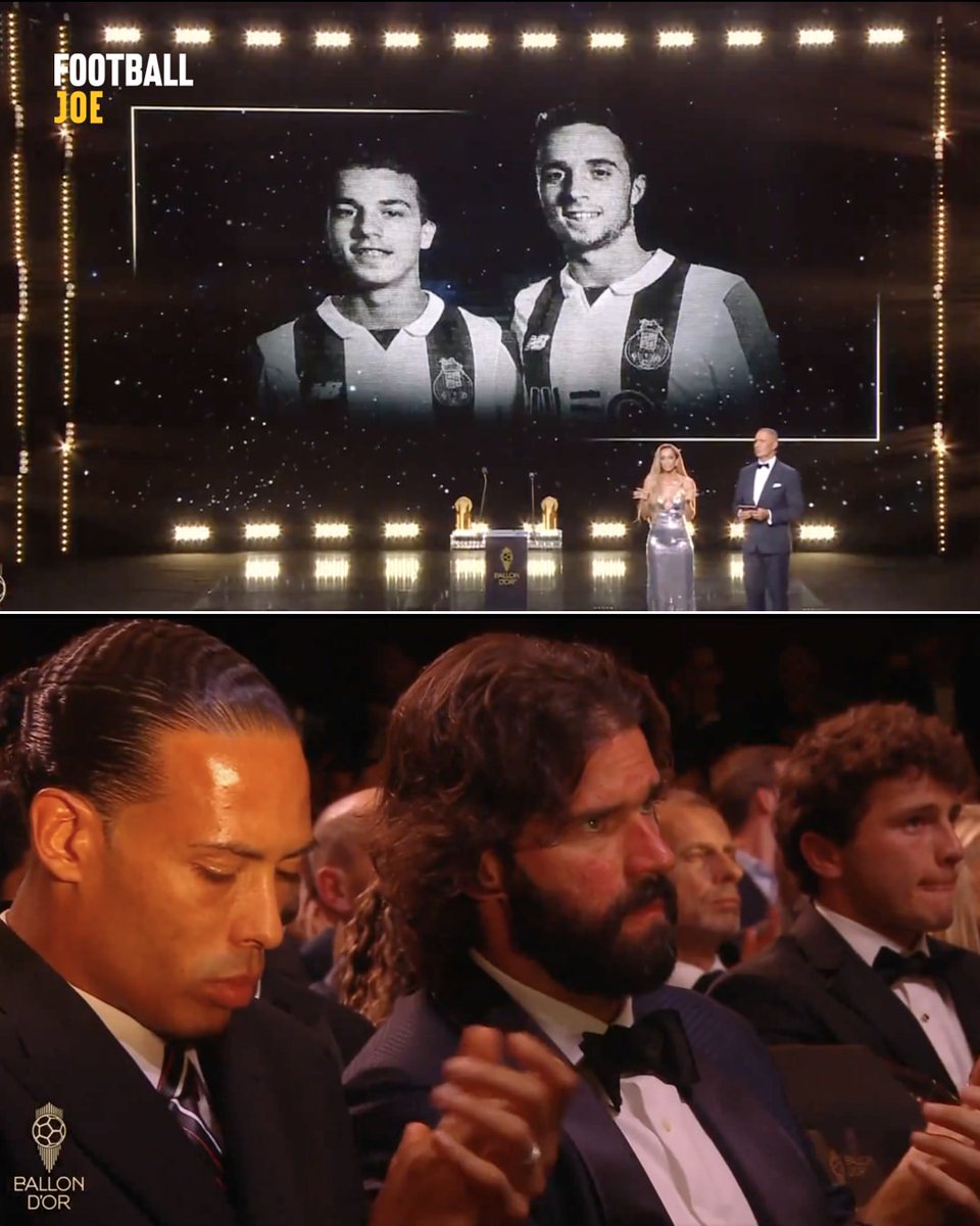 A large screen displaying Diogo Jota and André Jota, both wearing dark shirts with light patterns, during a ceremony. Two people, a man in a suit and a woman in a gown, stand on a stage with bright lights and awards visible. In the second image, Diogo Jota, with long hair tied back, sits in a formal setting among other men in suits, clapping. The Ballon d\'Or logo is visible on his suit and in the background.