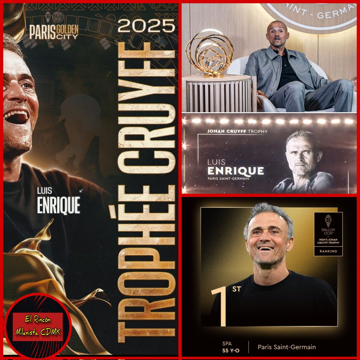 Luis Enrique se lleva el Trofeo Johan Cruyff como mejor entrenador de la temporada 2024/25 #BallonDor 
Tras una temporada histórica con el PSG 
Campeón de la Ligue 1
Campeón de la Copa
Campeón de la Supercopa
Campeón de la Champions League