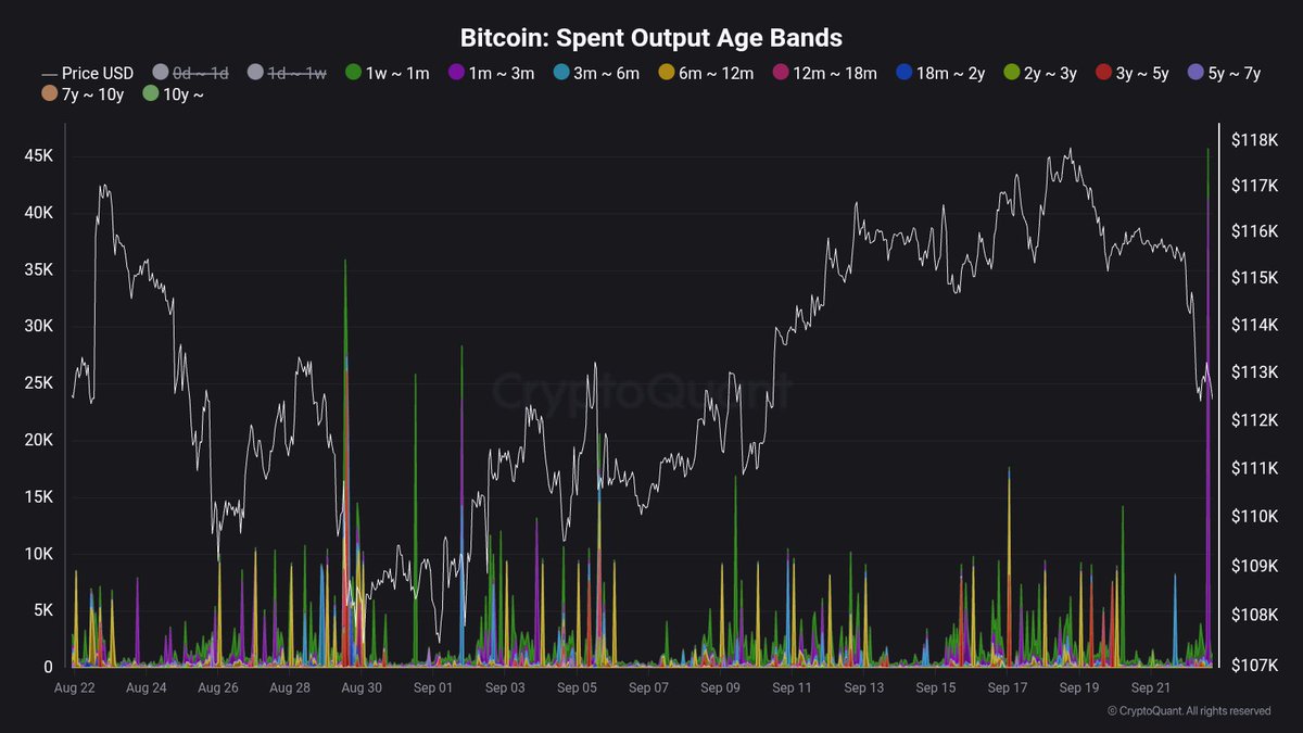 JA_Maartun's tweet photo. Fresh Bitcoin movement spotted 👀

In the last hour, a total of 45,430 BTC got moved.
- 41,037 BTC from the 1m–3m cohort
- 4,393 BTC from the 1w–1m cohort

Short-term holders are actively reshuffling their coins 🌀 https://t.co/ZpkPMQr4sZ