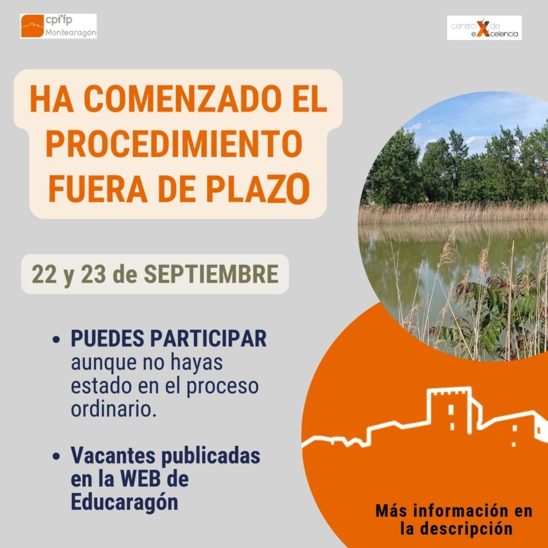¡Atención! 🚨

El 22 y 23 de septiembre puedes pedir plaza vacante de FP aunque no participaras en la admisión ordinaria.

👉 Vacantes: educa.aragon.es/-/listasvacant…
👉 Solicitud: educa.aragon.es/-/admisionfpfp