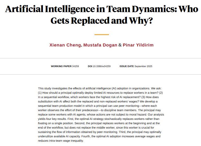 Examining how managers should deploy AI in sequential team workflows finds that optimal AI deployment is stochastic, replaces early and late positions in the workflow, and results in lower wage inequality, from Xienan Cheng, Mustafa Dogan, and <a href="/Prof_Yildirim/">Pinar Yildirim</a>