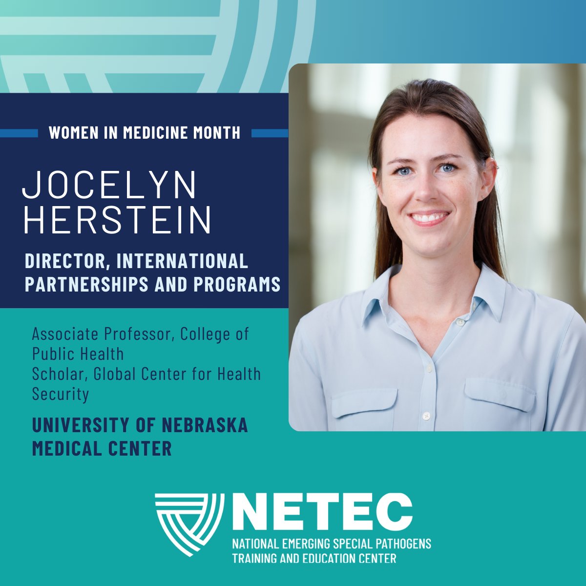 TheNETEC's tweet image. 🌟 Celebrating #WomenInMedicine Month! 🌟
Meet Jocelyn Herstein, PhD, MPH — Director of International Partnerships & Programs at NETEC (@cophunmc/gchs_unmc).
For 10+ years, she’s advanced global training & research to strengthen biocontainment care. 🌍
#NETEC