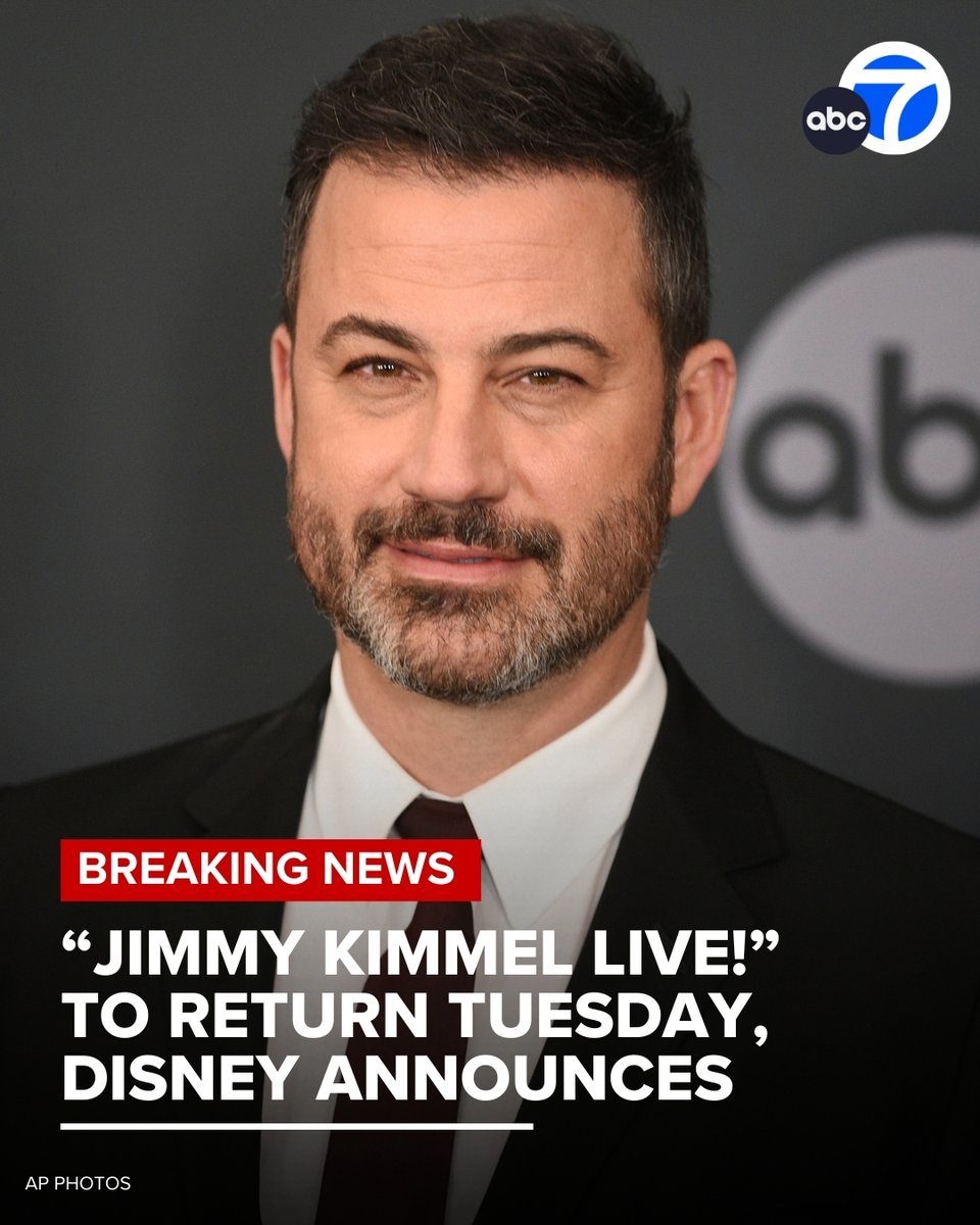 Breaking news: "Jimmy Kimmel Live!" will return on Tuesday, the Walt Disney Company announced in a statement.

Read more at abc7.la/46QLW4w