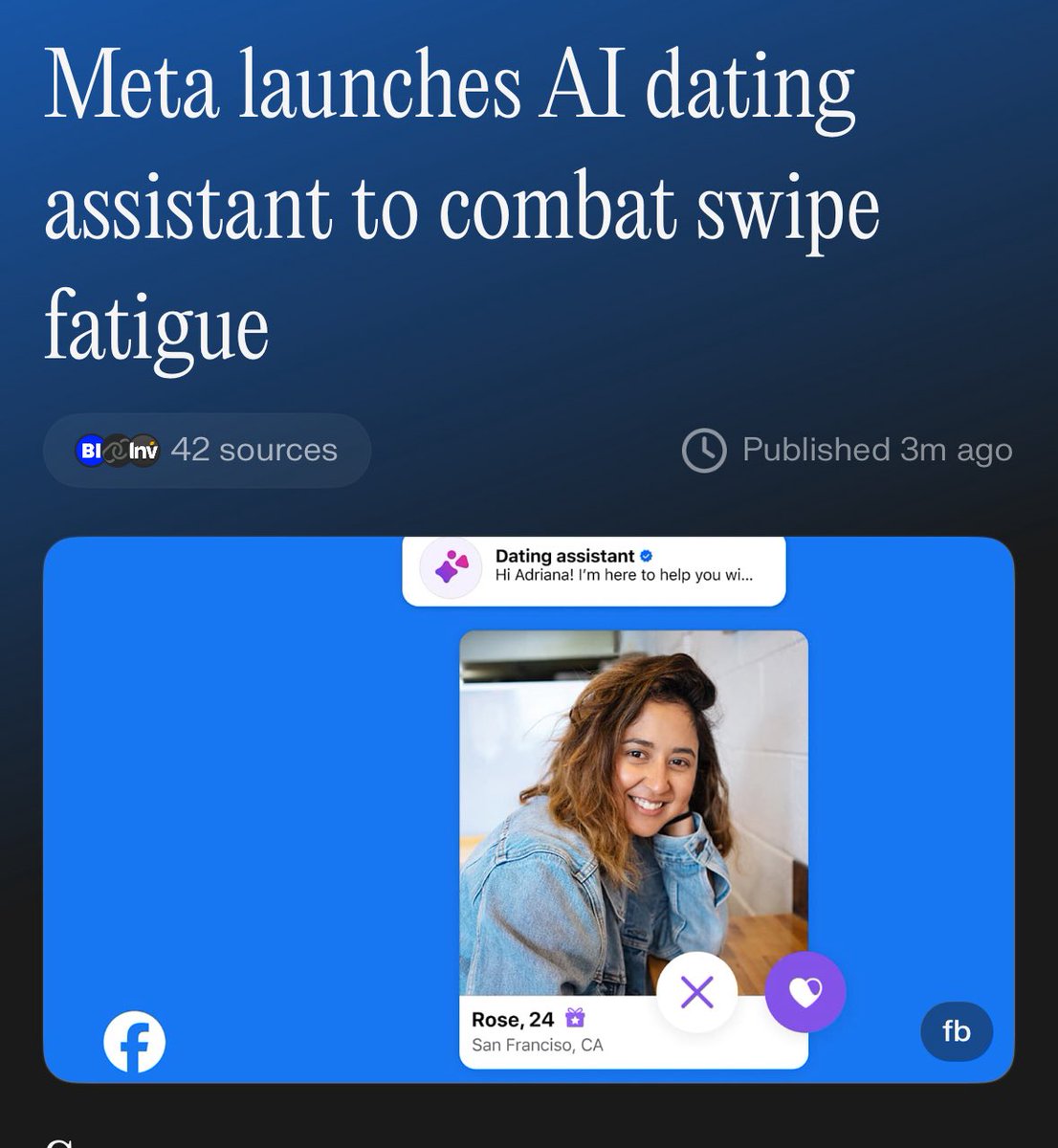 AskPerplexity's tweet image. 🚨 BREAKING: Meta just shook up the dating app industry 

Their new AI assistant lets you search for &quot;a Brooklyn tech bro who would go to EDM concerts with me&quot; and actually finds matches. Plus their &quot;Meet Cute&quot; feature just picks ONE person for you each week—no swiping allowed.…
