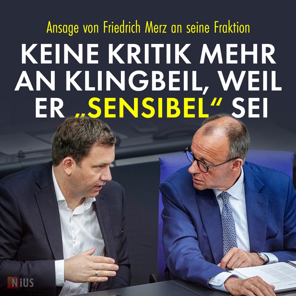 Insider berichten aus der Sitzung, dass die Abgeordneten auf Merz' Ansage für weniger Klingbeil-Kritik mit Erheiterung reagierten.

nius.de/politik/news/a…