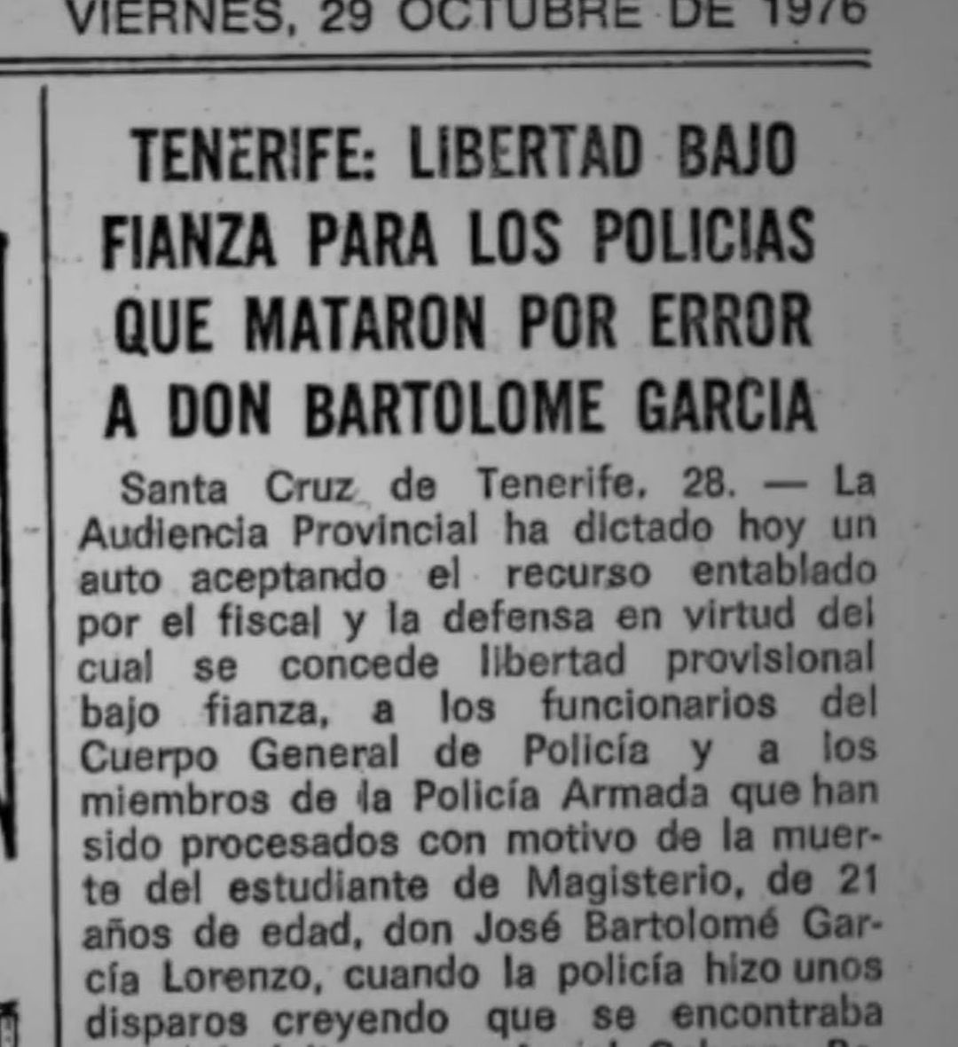 El 22 de septiembre de 1976, seis policías de paisano asesinaban a tiros en su domicilio de Somosierra a Bartolomé García Lorenzo. 

Días después, las calles de Tenerife clamaron justicia y rabia en numerosos disturbios fruto de aquel cruel crimen.