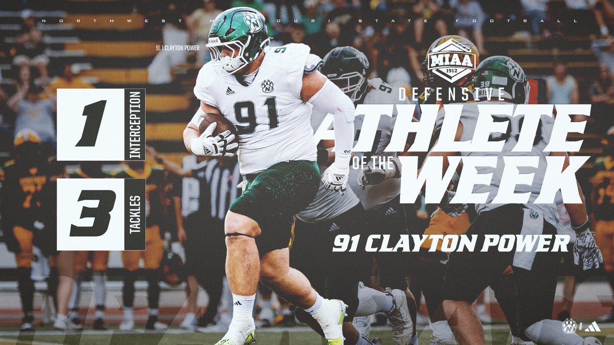FULL 𝐏𝐎𝐖𝐄𝐑 MODE 🔋⚡️

Northwest Missouri State University senior defensive lineman Clayton Power has been named the MIAA Defensive Athlete of the Week.

Power (Stilwell, Kan.) produced a game-changing interception with 4:35 to play in Northwest's seven-point road win over